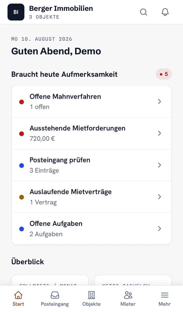 Vollständiges Dashboard von AllinOne Immo: Sollmiete, Netto-Cashflow, Vermietungsquote, offene Forderungen, Cashflow-Verlauf und anstehende Termine auf einen Blick.